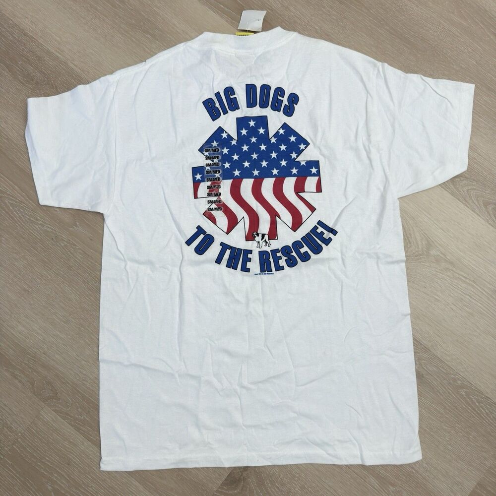 NWT Vintage Deadstock Big Dogs To The Rescue T-Shirt S/M White EMS Parody Y2K